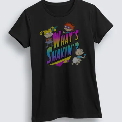 Neon retro print featuring Chuckie, Angelica, and Tommy with colorful text — printed on a women's shirt