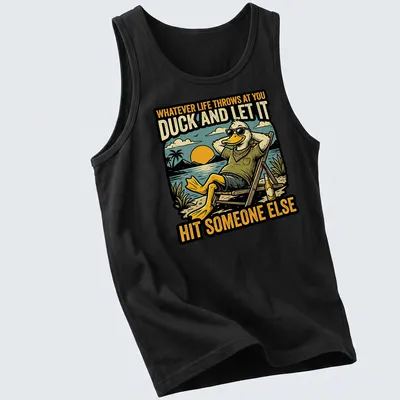Vintage retro t-shirt featuring a relaxed cartoon duck with humorous text — printed on a tank top