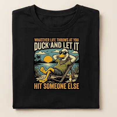 Vintage retro t-shirt featuring a relaxed cartoon duck with humorous text — printed on a women's shirt