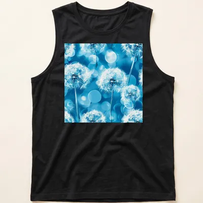 Boho-style T-shirt with white dandelion flowers on aqua blue background — printed on a tank top