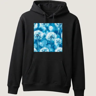 Boho-style T-shirt with white dandelion flowers on aqua blue background — printed on a unisex hoodie