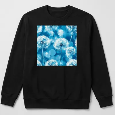 Boho-style T-shirt with white dandelion flowers on aqua blue background — printed on a unisex sweatshirt