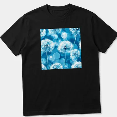 Boho-style T-shirt with white dandelion flowers on aqua blue background