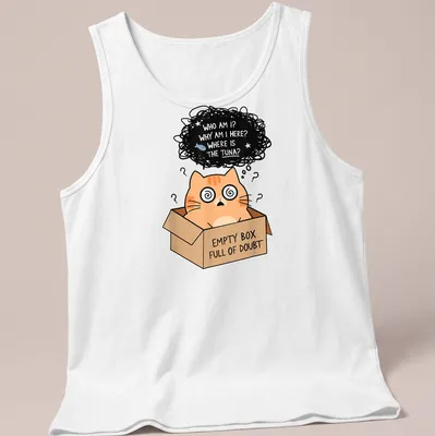 Kawaii illustration of an orange cat in a box with humorous text.