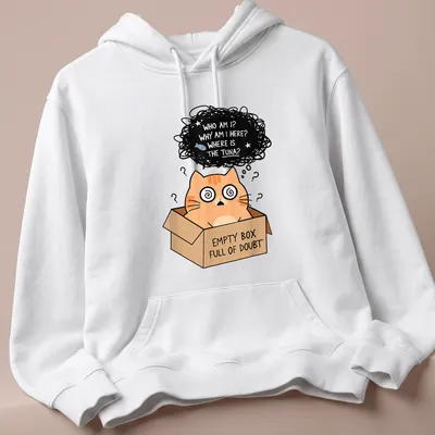 Kawaii illustration of an orange cat in a box with humorous text. — printed on a unisex hoodie