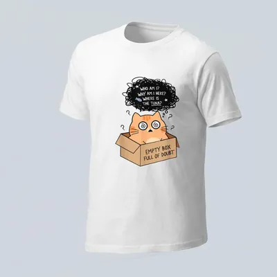 Kawaii illustration of an orange cat in a box with humorous text. — angled view