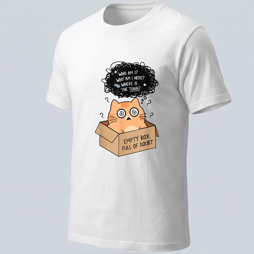 Kawaii illustration of an orange cat in a box with humorous text.