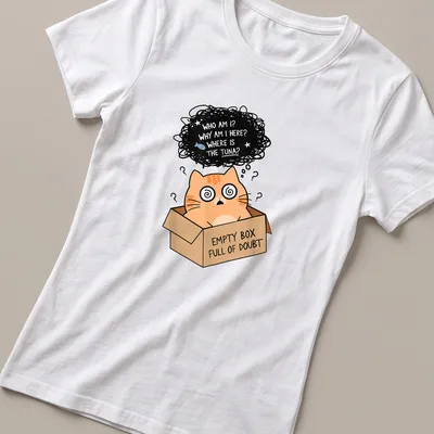 Kawaii illustration of an orange cat in a box with humorous text. — printed on a women's t-shirt