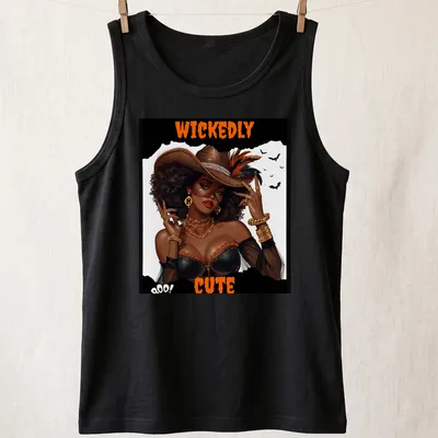 Vibrant Halloween character with a hat and accessories on a — printed on a tank top