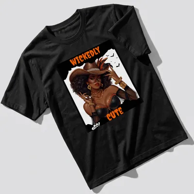Vibrant Halloween character with a hat and accessories on a shirt