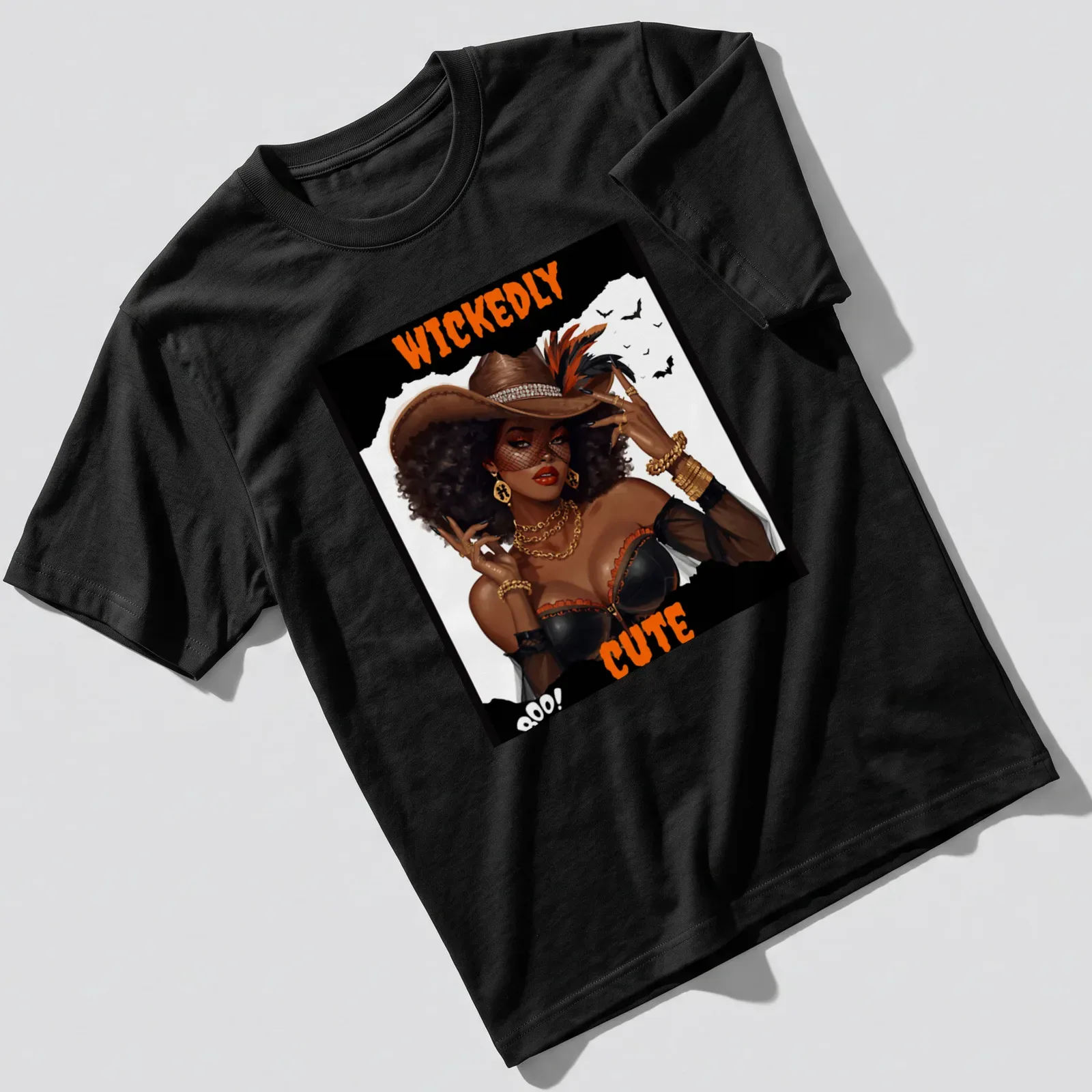 Vibrant Halloween character with a hat and accessories on a — printed on a unisex t-shirt