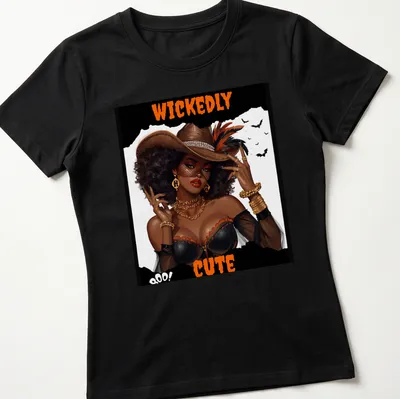 Vibrant Halloween character with a hat and accessories on a — printed on a women's shirt