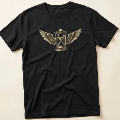 Winged hourglass with a skull in a detailed vintage style on a t-shirt
