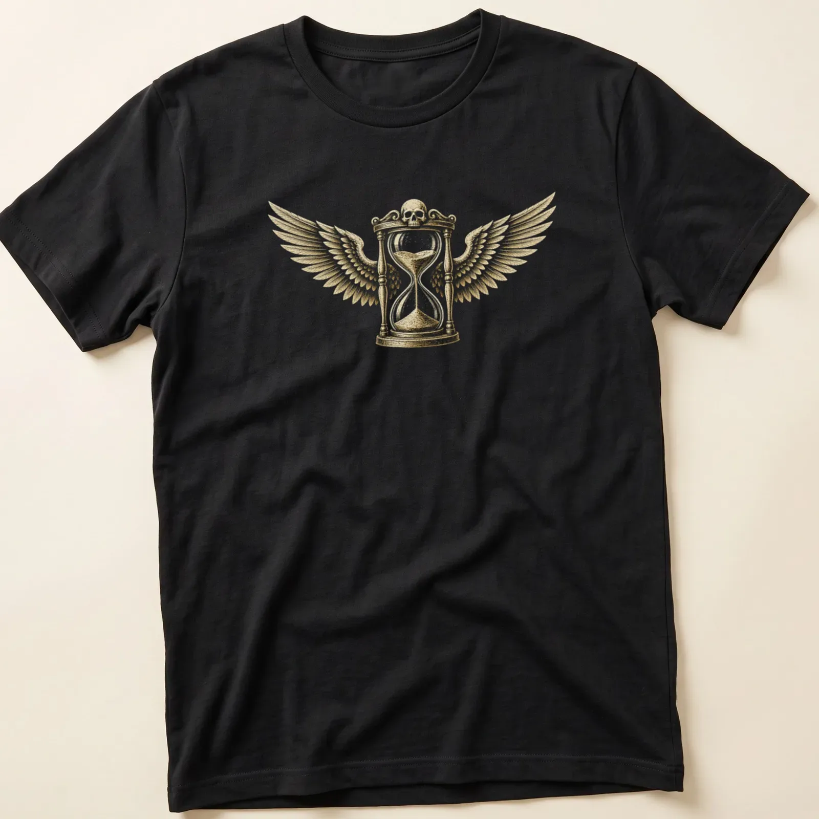 Winged hourglass with a skull in a detailed vintage style on a — printed on a unisex t-shirt