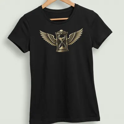 Winged hourglass with a skull in a detailed vintage style on a — printed on a women's shirt