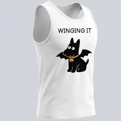 Cartoon Scottish Terrier with bat wings and the text WINGING IT in orange and black — printed on a tank top