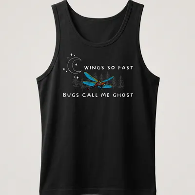 Vintage comic style T-shirt featuring a dragonfly with playful text about being elusive — printed on a tank top