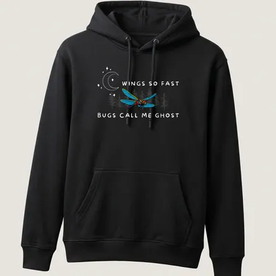 Vintage comic style T-shirt featuring a dragonfly with playful text about being elusive — printed on a unisex hoodie