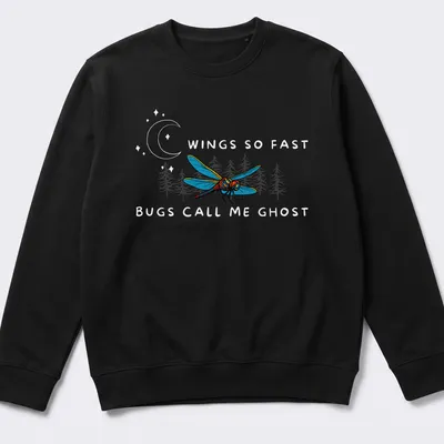 Vintage comic style T-shirt featuring a dragonfly with playful text about being elusive — printed on a unisex sweatshirt