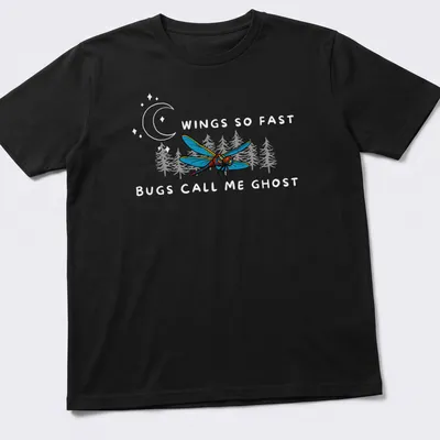 Vintage comic style T-shirt featuring a dragonfly with playful text about being elusive