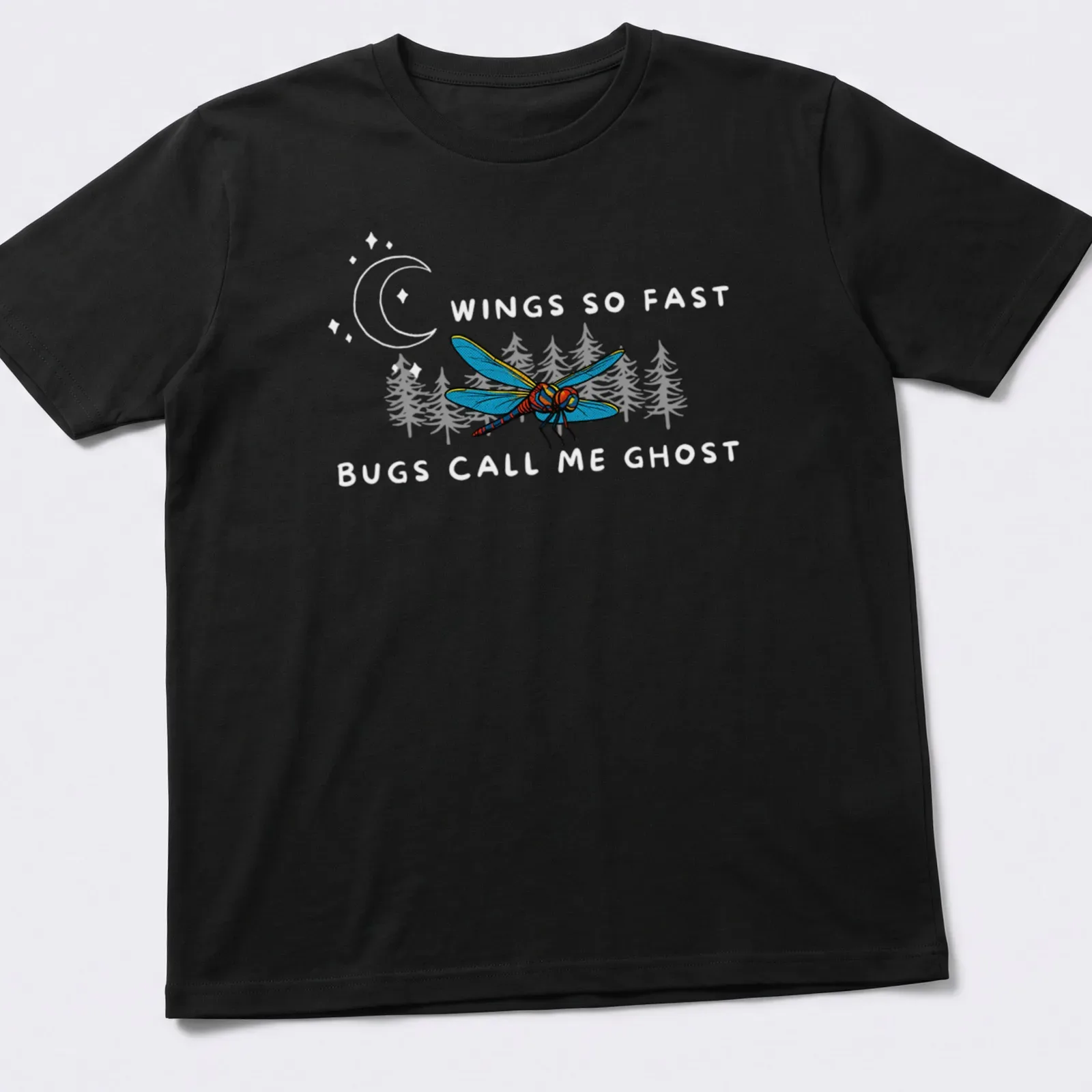Vintage comic style T-shirt featuring a dragonfly with playful text about being elusive — printed on a unisex t-shirt