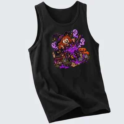 Colorful cartoon witch with cauldron and humorous text about bad cooking — printed on a tank top