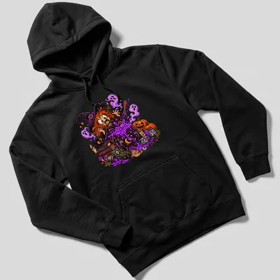 Colorful cartoon witch with cauldron and humorous text about bad cooking — printed on a unisex hoodie