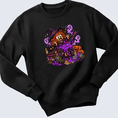 Colorful cartoon witch with cauldron and humorous text about bad cooking — printed on a unisex sweatshirt