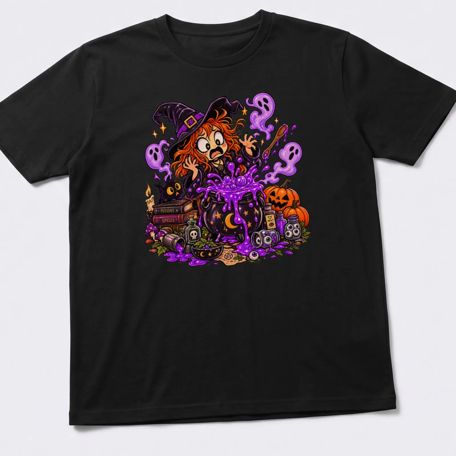Colorful cartoon witch with cauldron and humorous text about bad cooking — printed on a unisex t-shirt