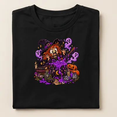 Colorful cartoon witch with cauldron and humorous text about bad cooking — printed on a women's shirt