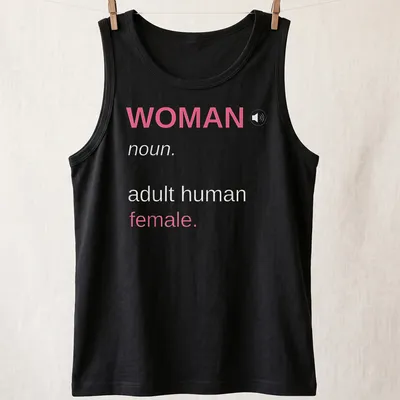 Modern typography t-shirt with the definition of woman in pink and white — printed on a tank top
