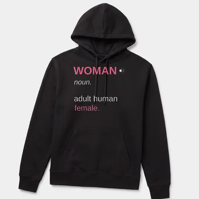 Modern typography t-shirt with the definition of woman in pink and white — printed on a unisex hoodie