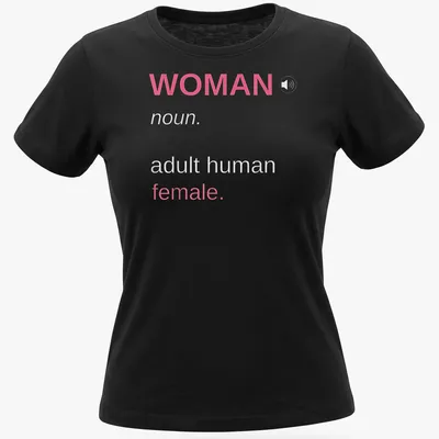 Modern typography t-shirt with the definition of woman in pink and white — printed on a women's shirt