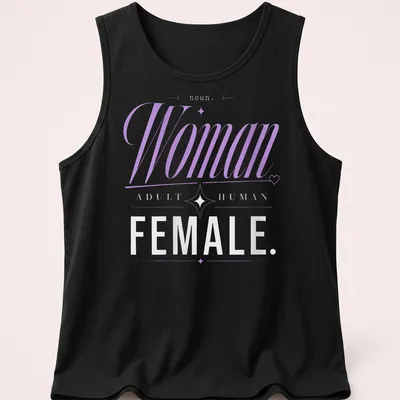 Elegant definition of woman as 'Adult Human Female' in modern typography. — printed on a tank top