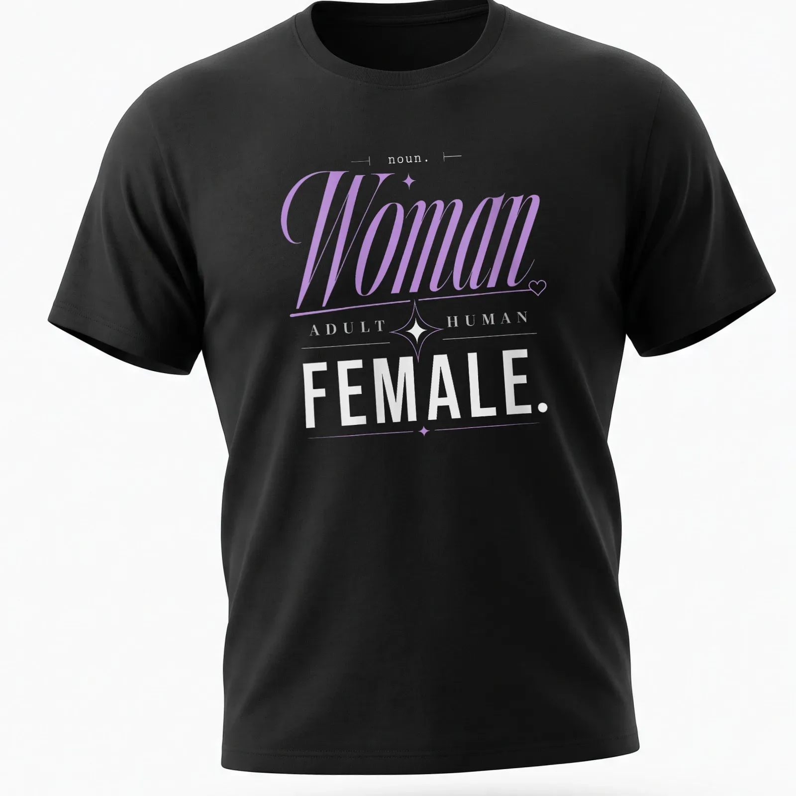 Elegant definition of woman as 'Adult Human Female' in modern typography. — printed on a unisex t-shirt