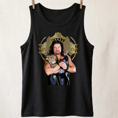Photographic T-shirt featuring a wrestler holding a championship belt in black, gold, and white. — printed on a tank top