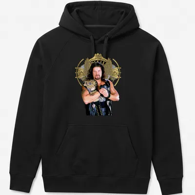 Photographic T-shirt featuring a wrestler holding a championship belt in black, gold, and white. — printed on a unisex hoodie