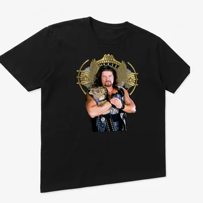 Photographic T-shirt featuring a wrestler holding a championship belt in black, gold, and white. — printed on a unisex t-shirt (angled view)