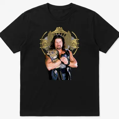 Photographic T-shirt featuring a wrestler holding a championship belt in black, gold, and white.