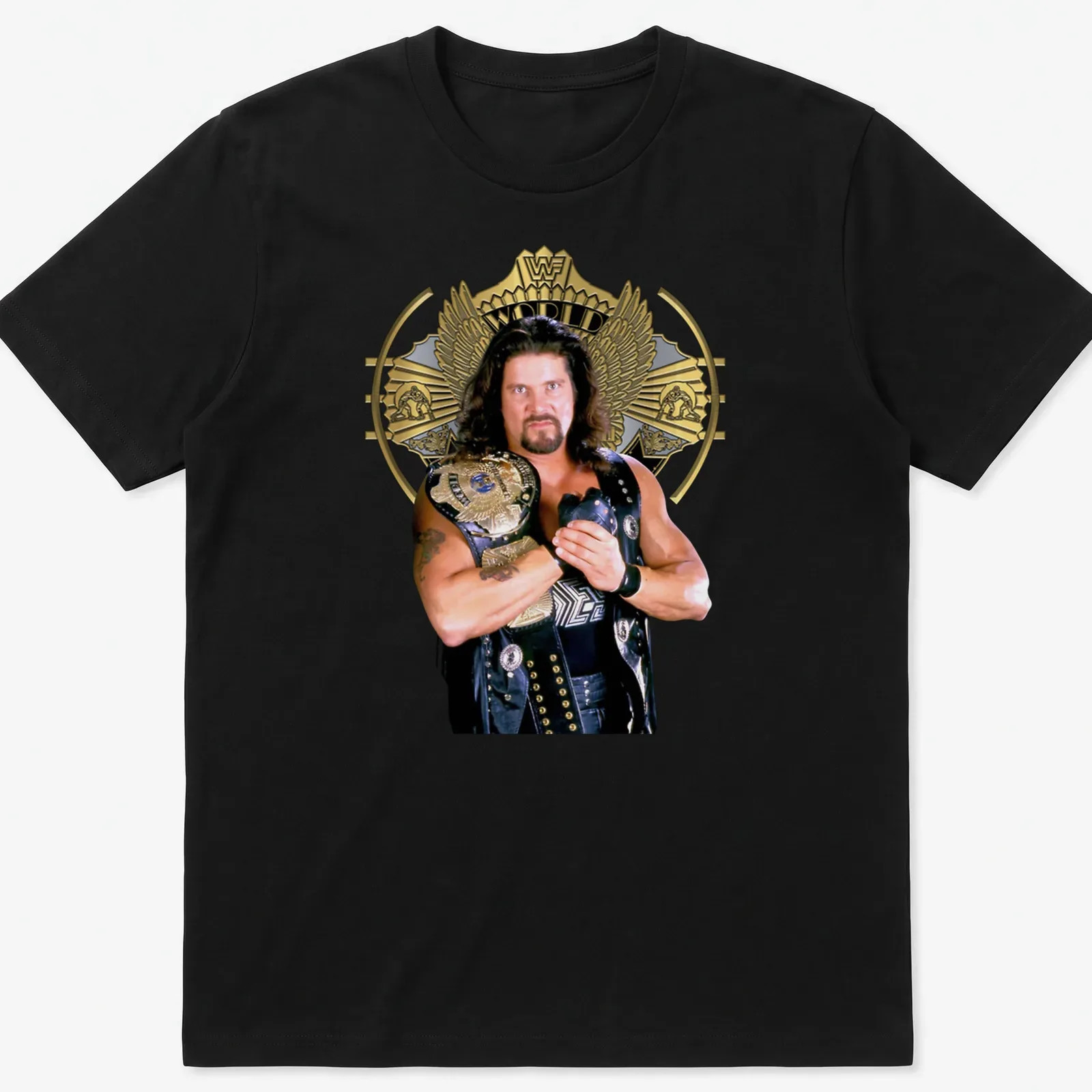 Photographic T-shirt featuring a wrestler holding a championship belt in black, gold, and white. — printed on a unisex t-shirt