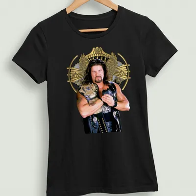 Photographic T-shirt featuring a wrestler holding a championship belt in black, gold, and white. — printed on a women's shirt