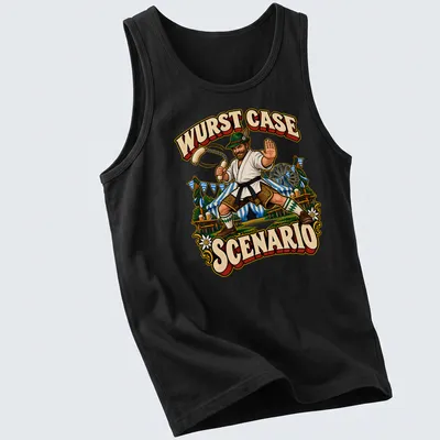 Vintage illustration of a Bavarian man doing karate with sausages — printed on a tank top