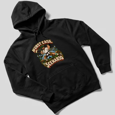 Vintage illustration of a Bavarian man doing karate with sausages — printed on a unisex hoodie