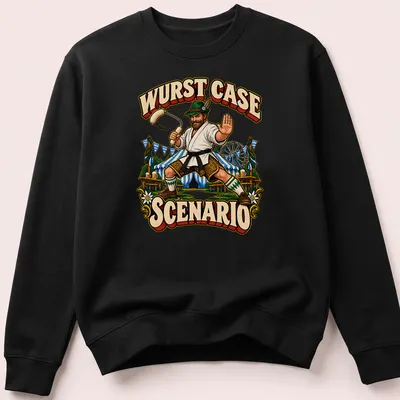 Vintage illustration of a Bavarian man doing karate with sausages — printed on a unisex sweatshirt