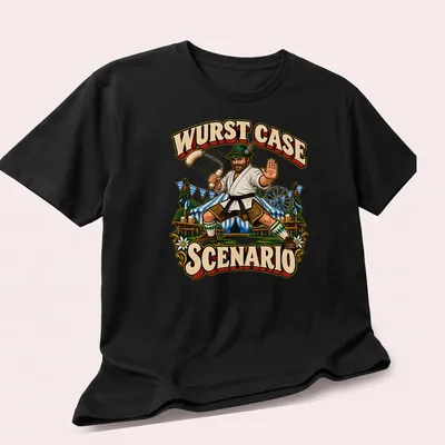 Vintage illustration of a Bavarian man doing karate with sausages — printed on a unisex t-shirt (angled view)