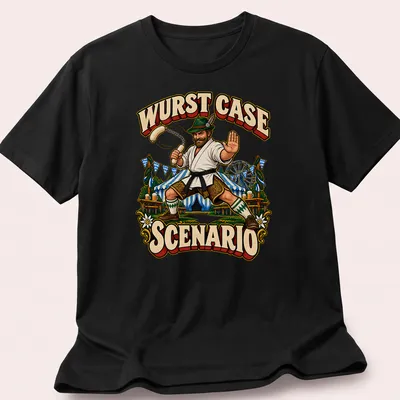 Vintage illustration of a Bavarian man doing karate with sausages — printed on a unisex t-shirt