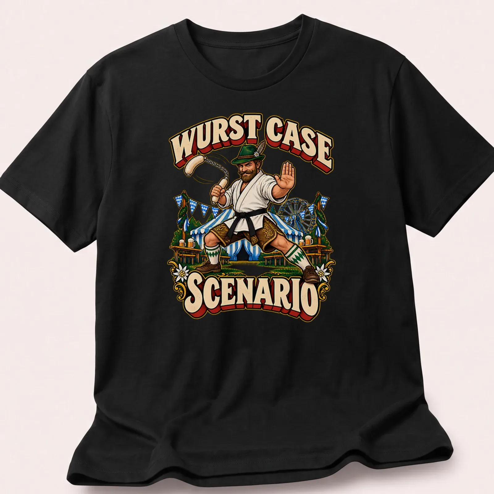 Vintage illustration of a Bavarian man doing karate with sausages — printed on a unisex t-shirt