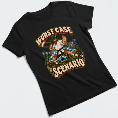 Vintage illustration of a Bavarian man doing karate with sausages — printed on a women's shirt