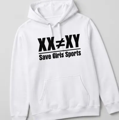 Bold distressed text graphic stating 'XX ≠ XY Save Girls Sports' in black and white — printed on a unisex hoodie