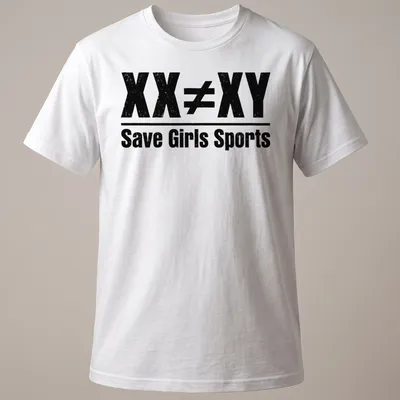 Bold distressed text graphic stating 'XX ≠ XY Save Girls Sports' in black and white